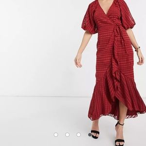 ASOS DESIGN wrap maxi dress in self stripe in oxblood SIZE 10 Puff Sleeve